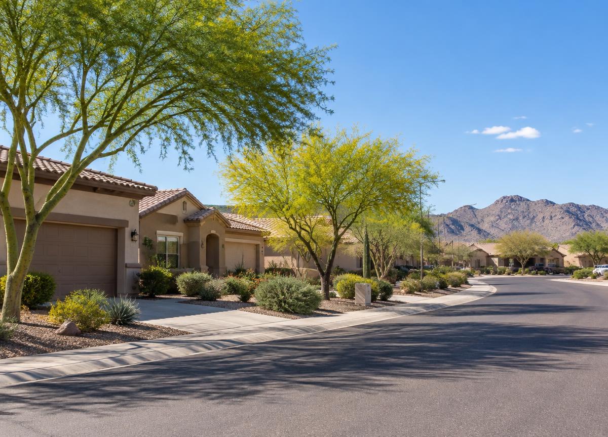 Stucco homes with desert landscaping on a residential street in Arizona